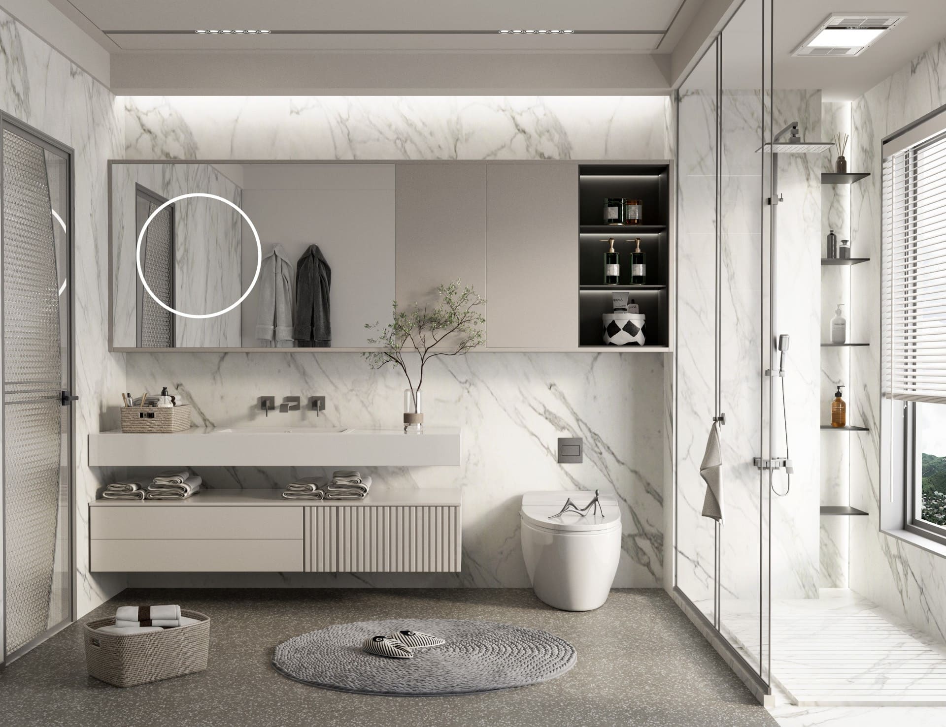 A custom made bathroom with a stylish floor-standing vanity unit and large mirror, showing practical storage for Malaysian homes.
