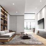 The provided image shows a living room with a modern style. There are 3 things to focus on: the wall, the wall mounted TV