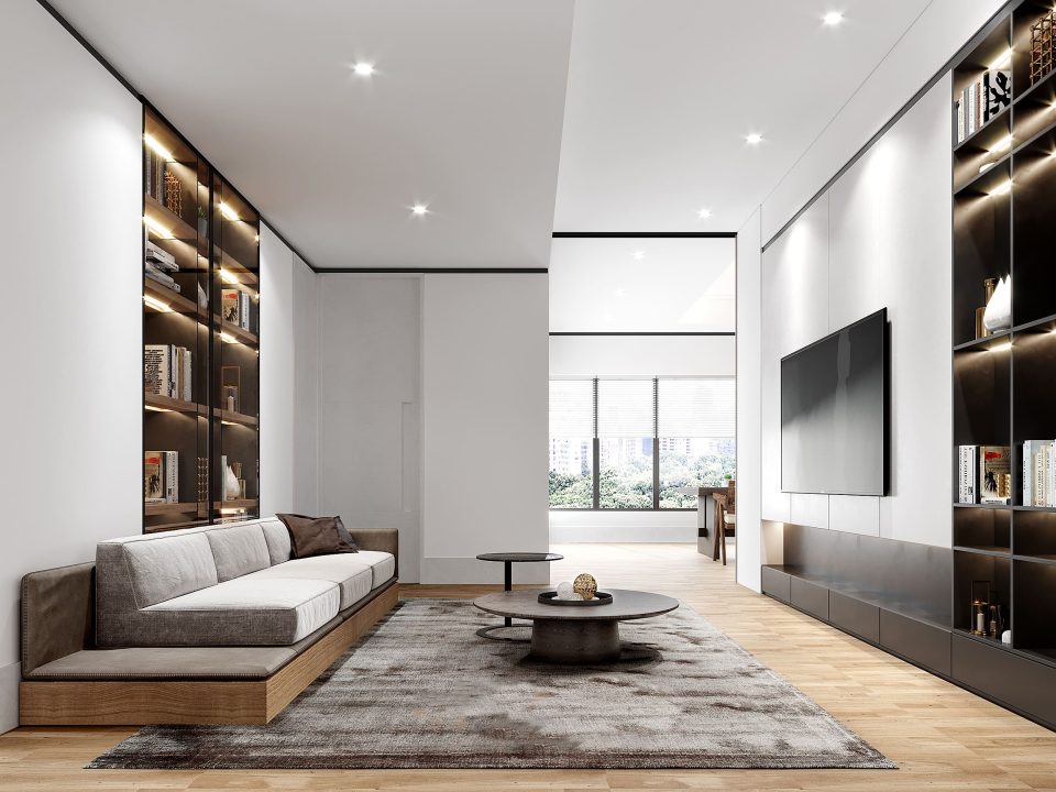 The provided image shows a living room with a modern style. There are 3 things to focus on: the wall, the wall mounted TV