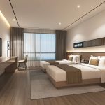 The image is a bedroom with a focus on interior design, using neutral colors and minimalism for a cozy and modern atmosphere. The image is likely used