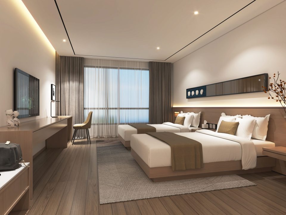 The image is a bedroom with a focus on interior design, using neutral colors and minimalism for a cozy and modern atmosphere. The image is likely used