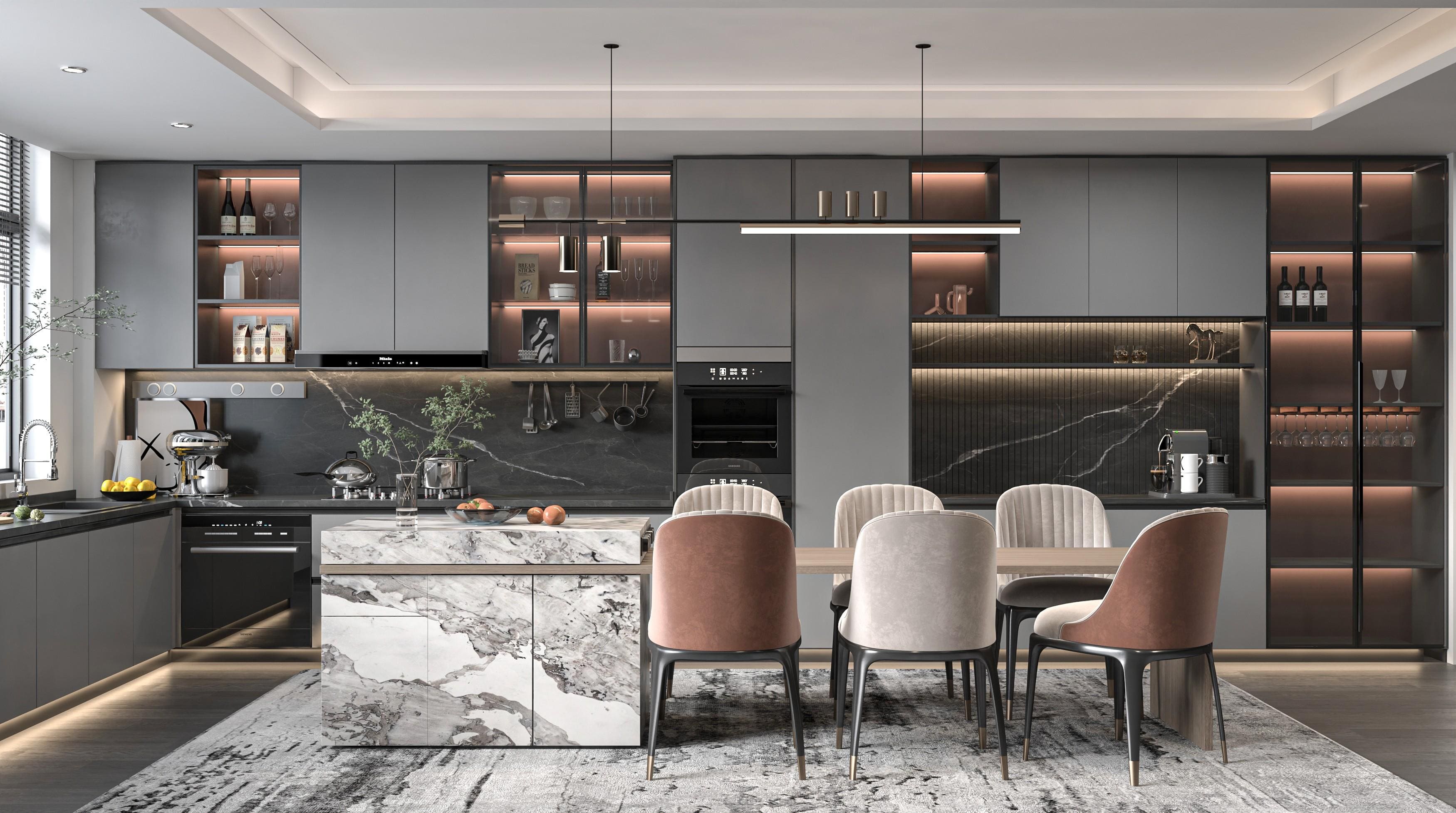 minimalist kitchen island design complementing L-shaped layout