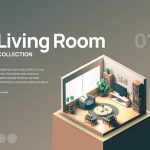 The image is a computer-generated "Living Room" product page for an imaginary furniture company. It features a living room with its furniture and walls.