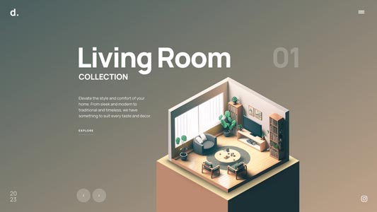The image is a computer-generated "Living Room" product page for an imaginary furniture company. It features a living room with its furniture and walls.