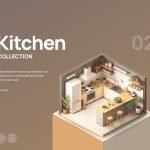 The image presents a 3D rendering of a kitchen, characterized by its clean lines and neutral color palette. The layout is optimized for minimal navigation,