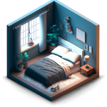 bedroom design description subject: bedroom design colors: calm, neutral, blue style: modern, clean, minimalist